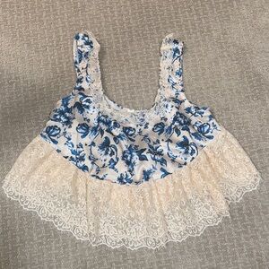 Anthropologie Blue and Cream Floral Lace Tank Top